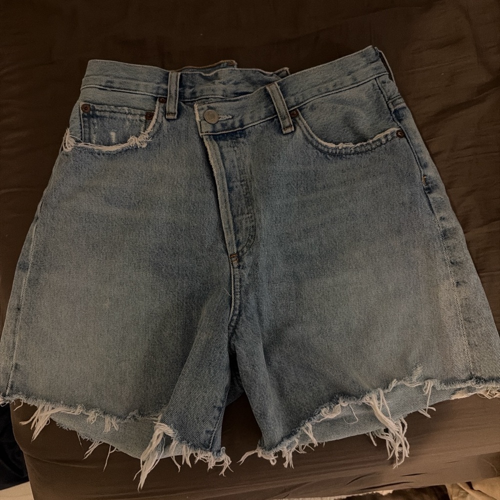 Agolde Blue Frayed Jean Shorts